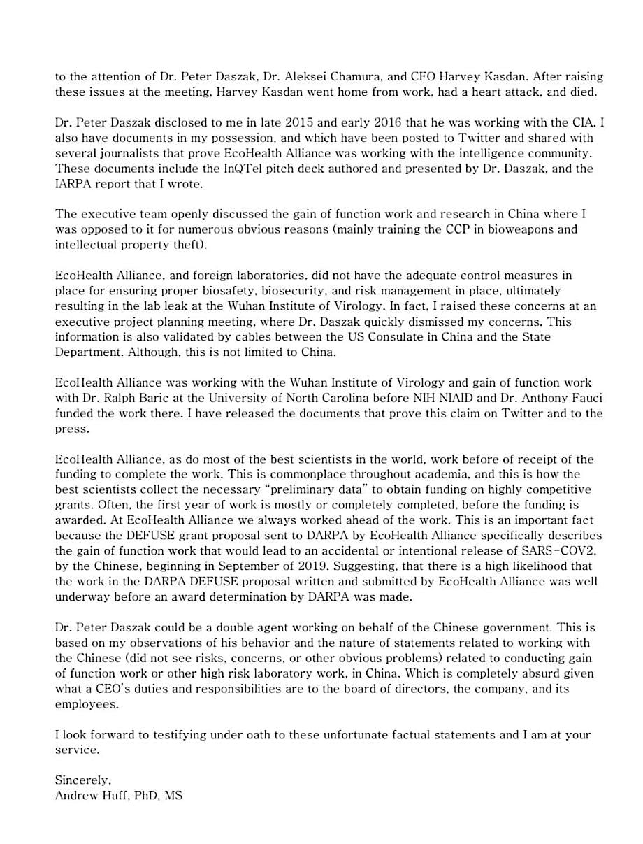 Former EcoHealth Alliance employee Dr. Andrew Huff letter to...