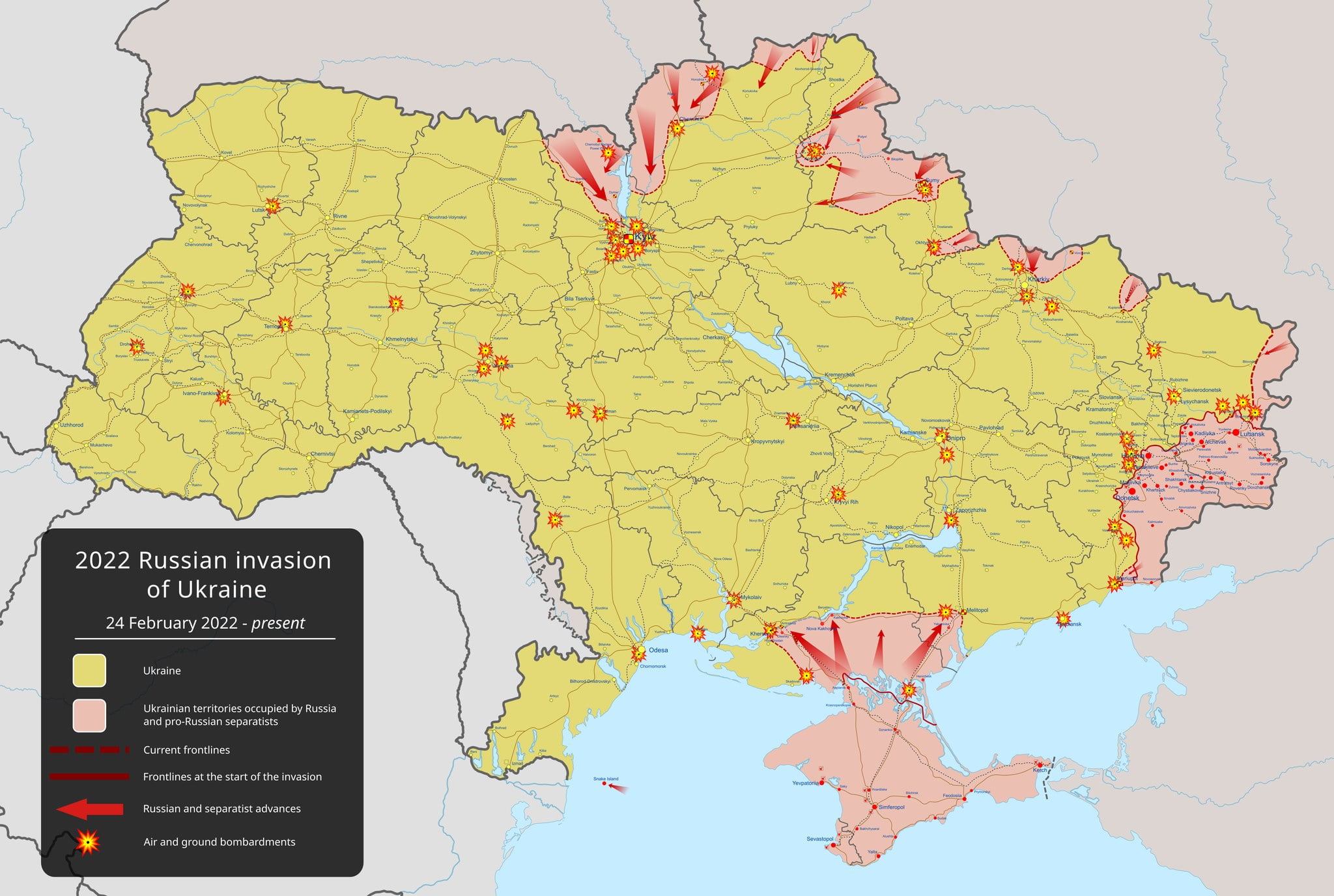 Russian invasion of Ukraine map for February 24, 2022