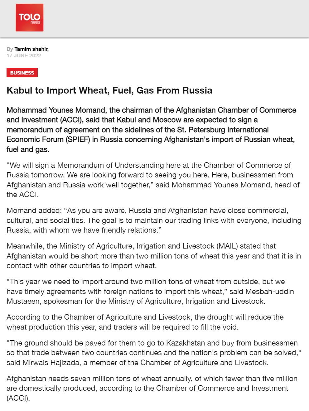 Afghanistan to import wheat, natural gas, and oil from...