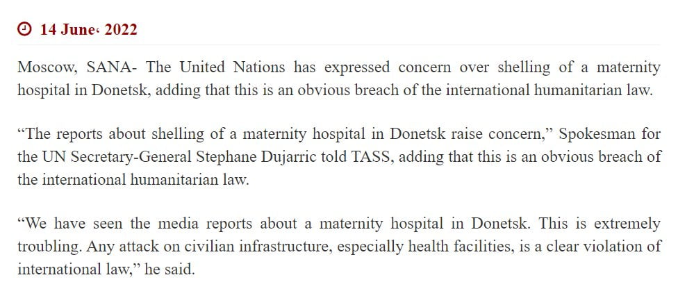 UN expresses concern over Ukrainian forces striking a hospital...