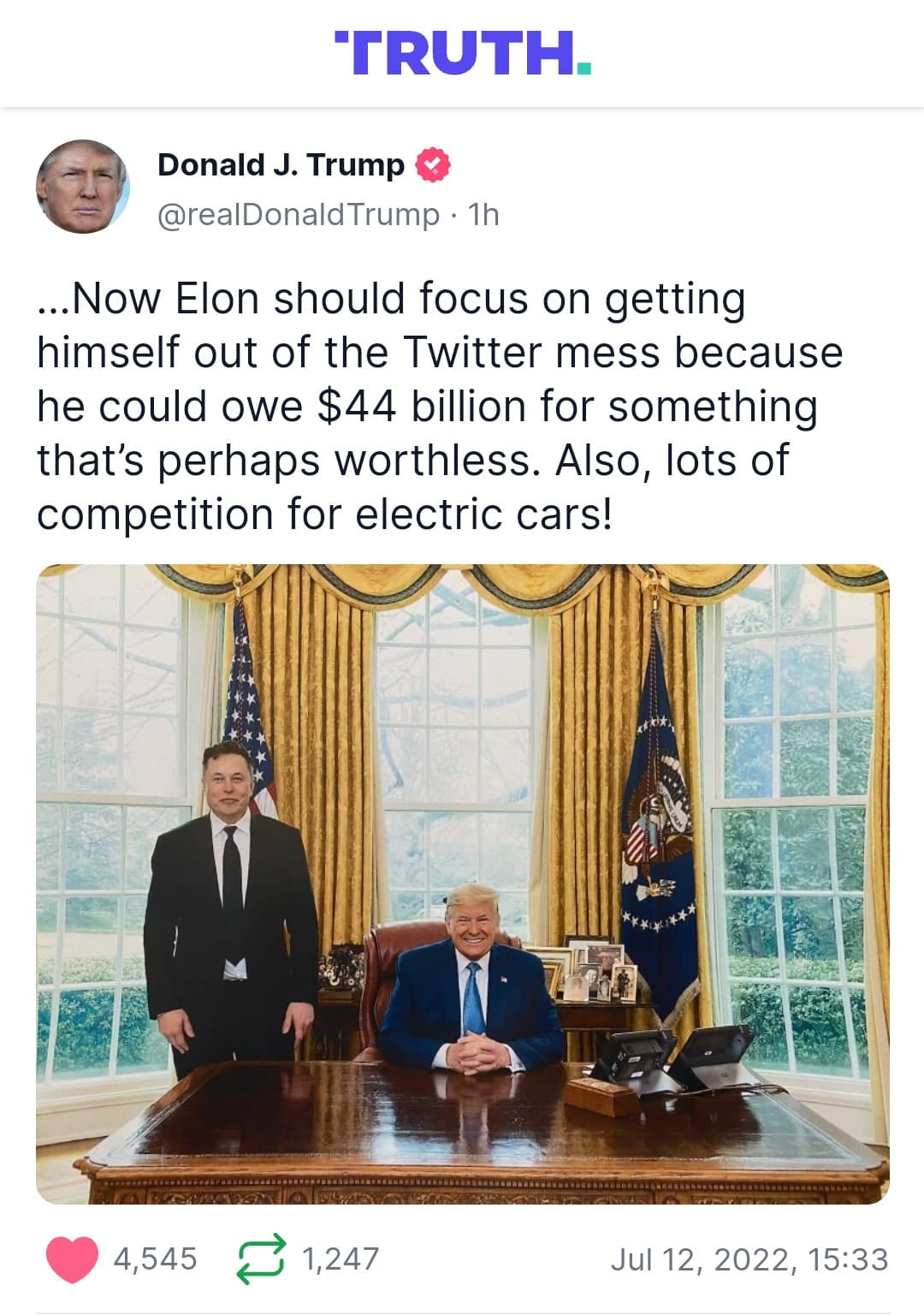 Trump statement on Elon Musk's ventures