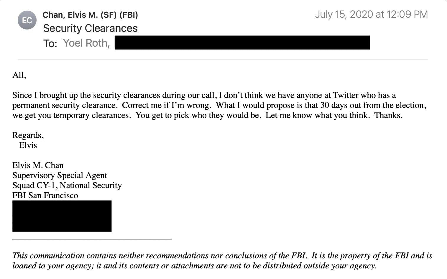 FBI's Elvis Chan offered Twitter's Yoel Roth security clearance...