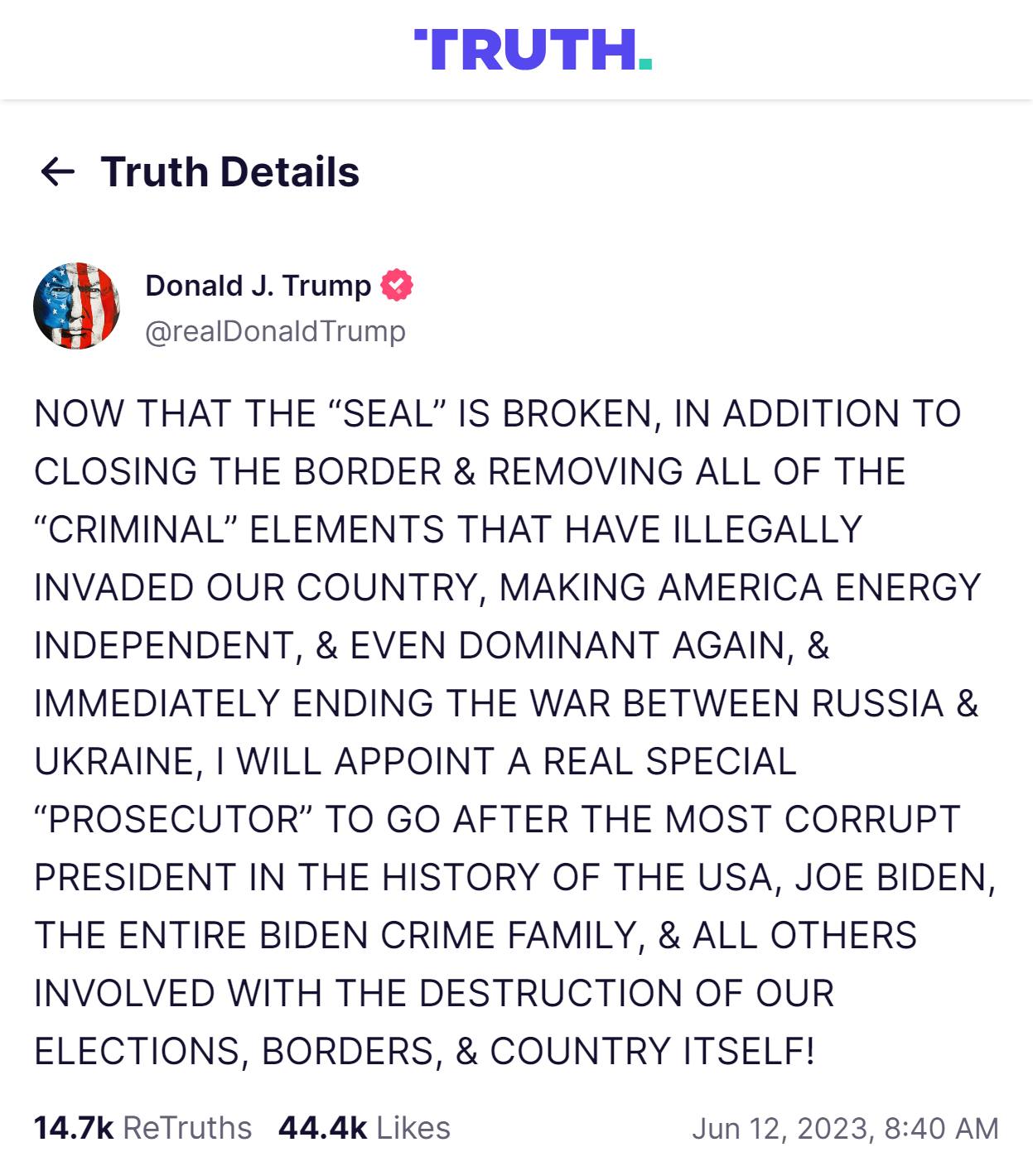 Trump statement on Biden corruption, the seal is broken