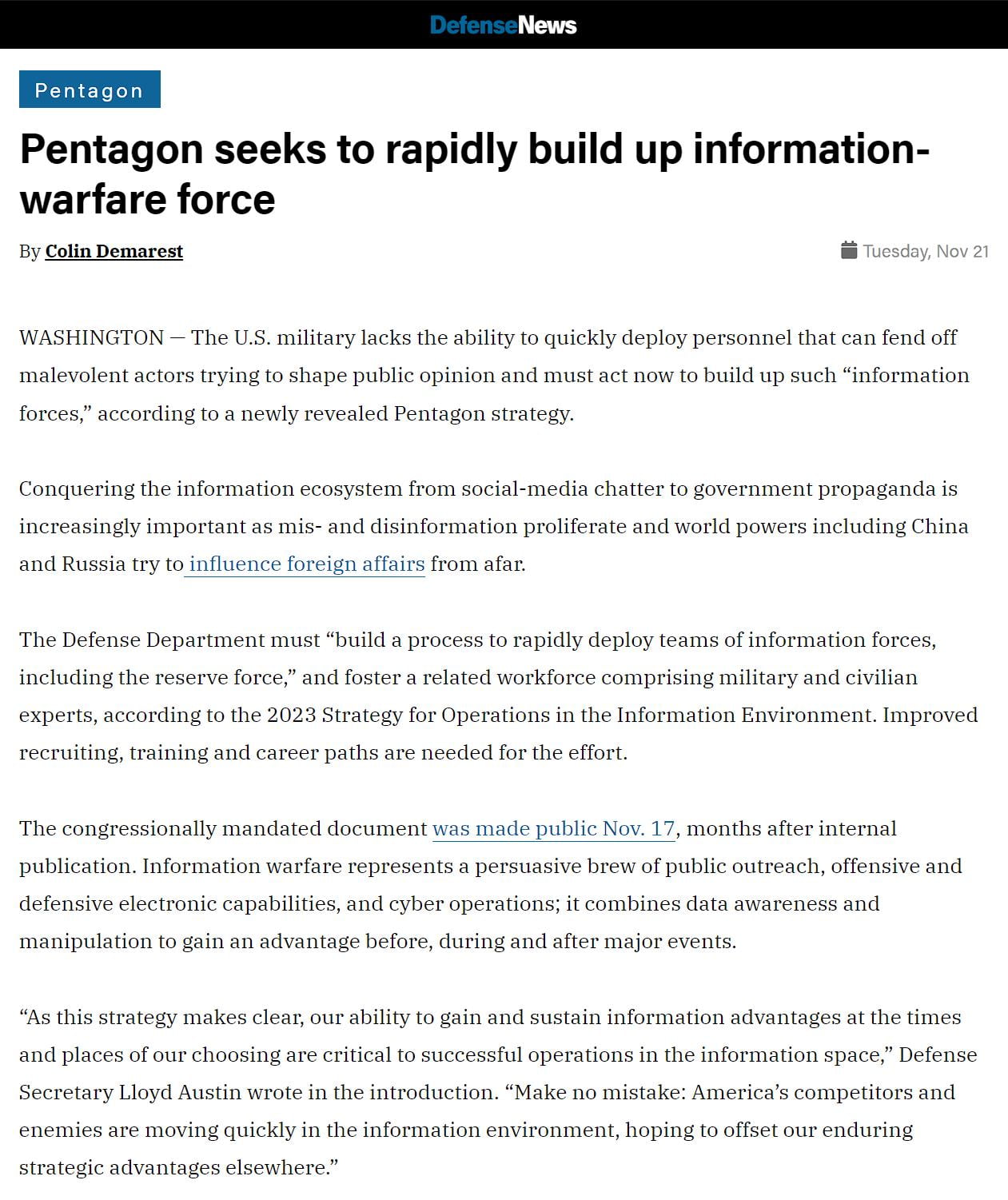 Pentagon seeks to rapidly build up information-warfare force