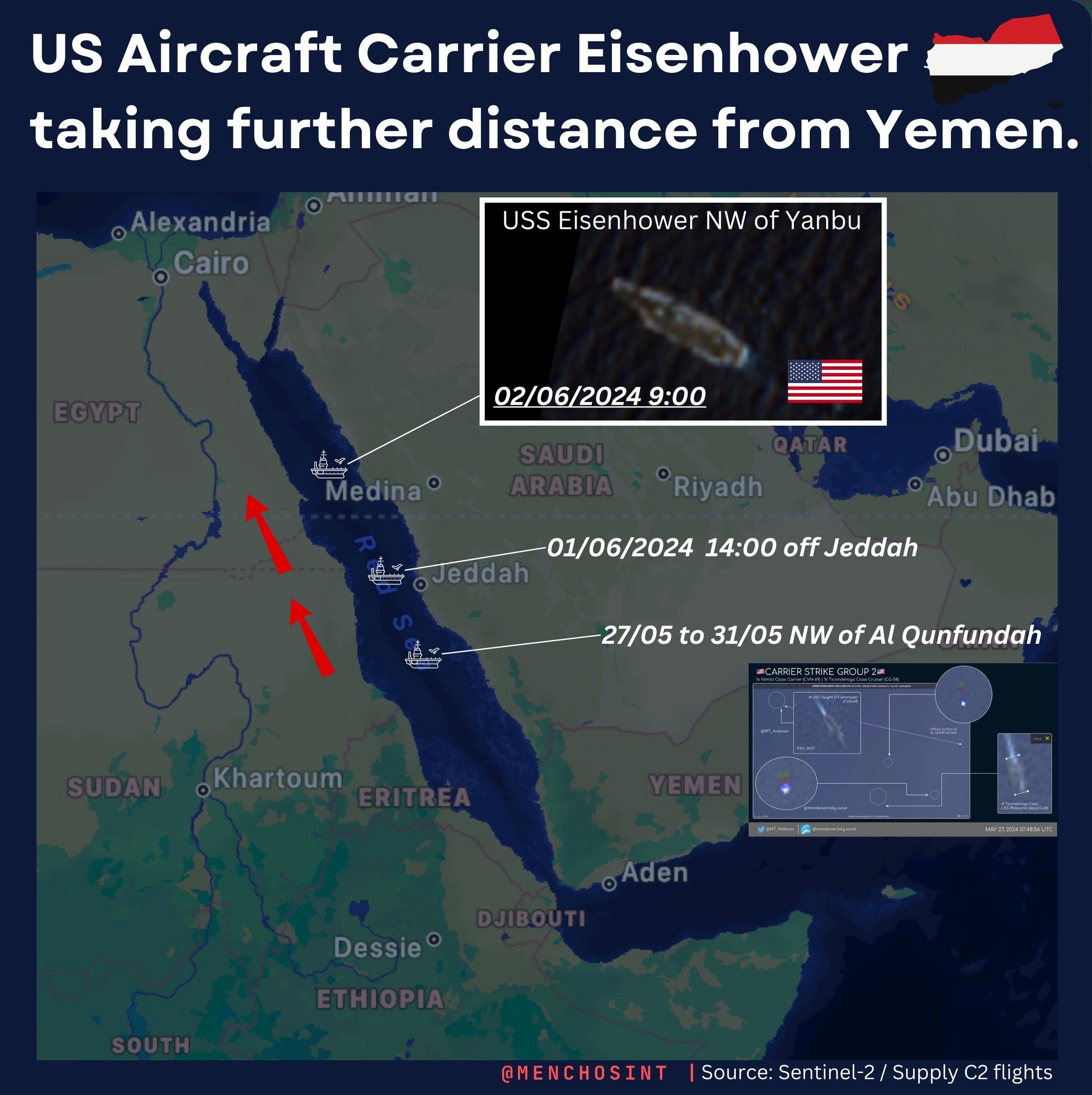 CVN-69 Eisenhower fleeing Yemen at max speed, now approaching...