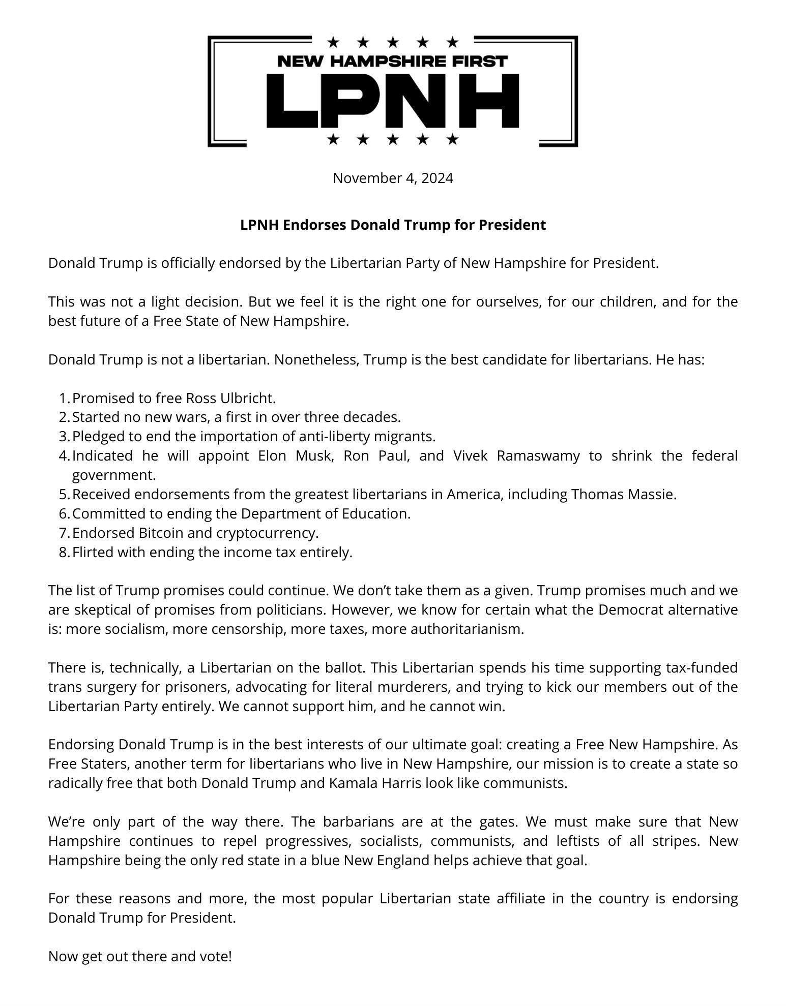 Libertarian Party of New Hampshire endorses Trump for President